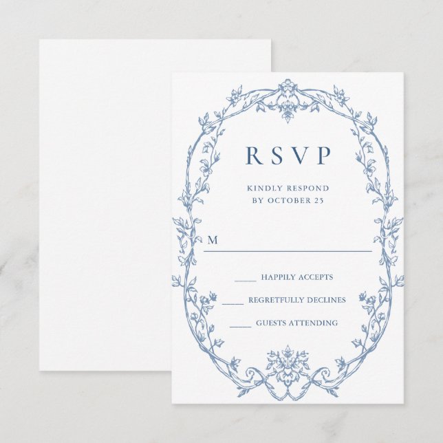 Victorian Ornate Grace Floral Dusty Blue Wedding RSVP Card (Front/Back)