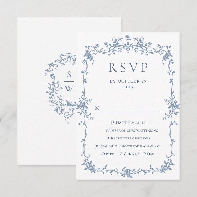 Victorian Ornate Grace Floral Dusty Blue Wedding RSVP Card (Front/Back)