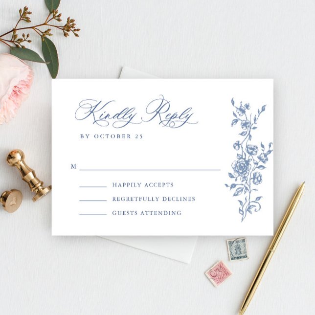 Victorian Ornate Grace Floral Dusty Blue Wedding RSVP Card (Creator Uploaded)
