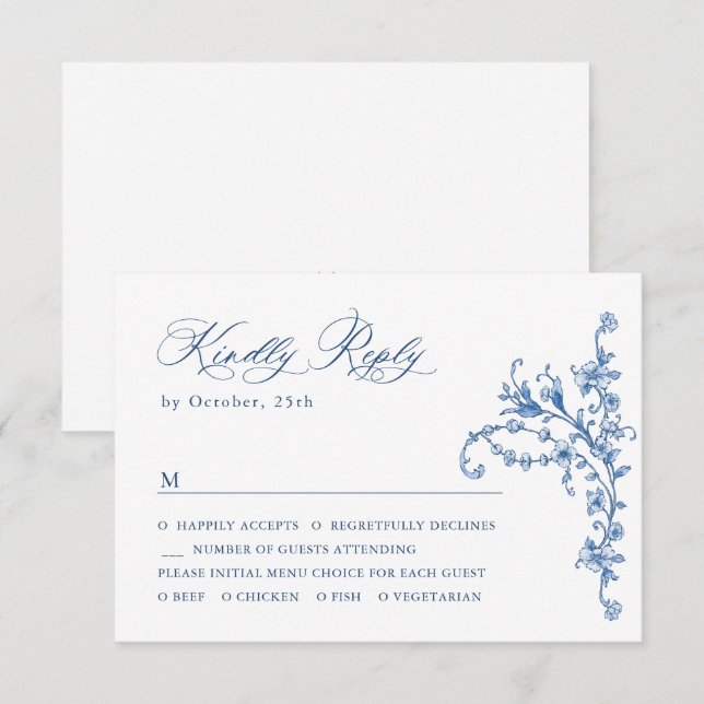 Victorian Ornate Grace Floral Dusty Blue Wedding RSVP Card (Front/Back)