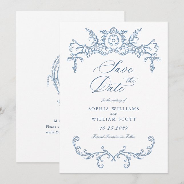Victorian Ornate Grace Floral Dusty Blue Wedding Save The Date (Front/Back)