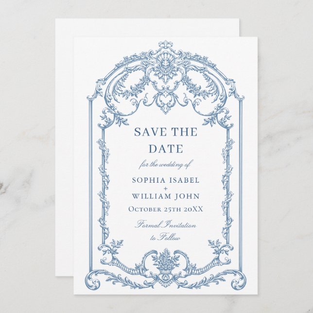 Victorian Ornate Grace Floral Dusty Blue Wedding Save The Date (Front/Back)