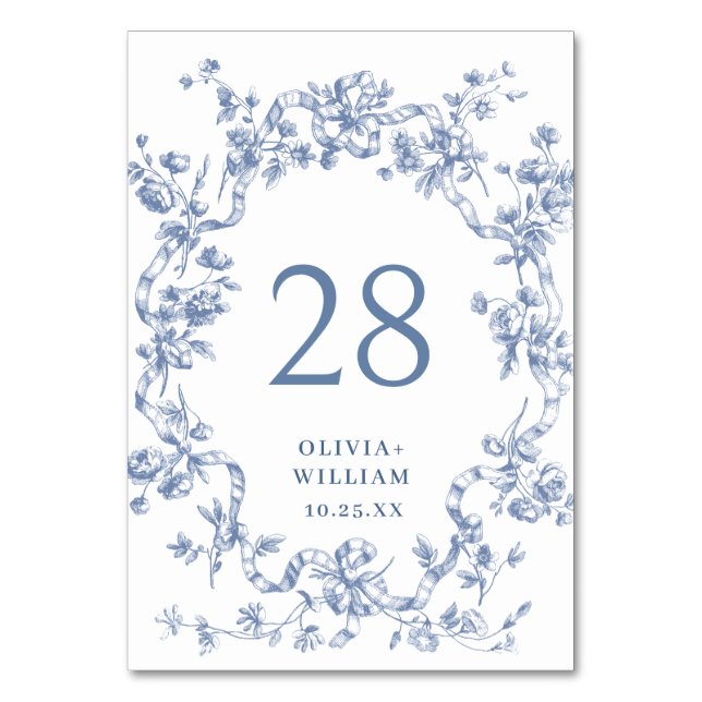 Victorian Ornate Grace Floral Dusty Blue Wedding Table Number (Front)