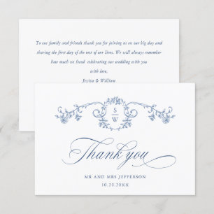 Victorian Ornate Grace Floral Dusty Blue Wedding Thank You Card