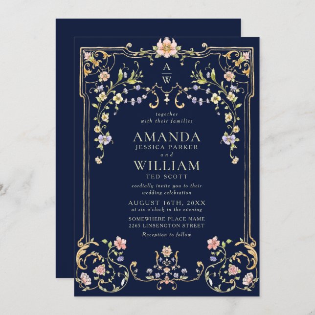 Victorian Ornate Grace Floral Frame Wedding Invitation (Front/Back)