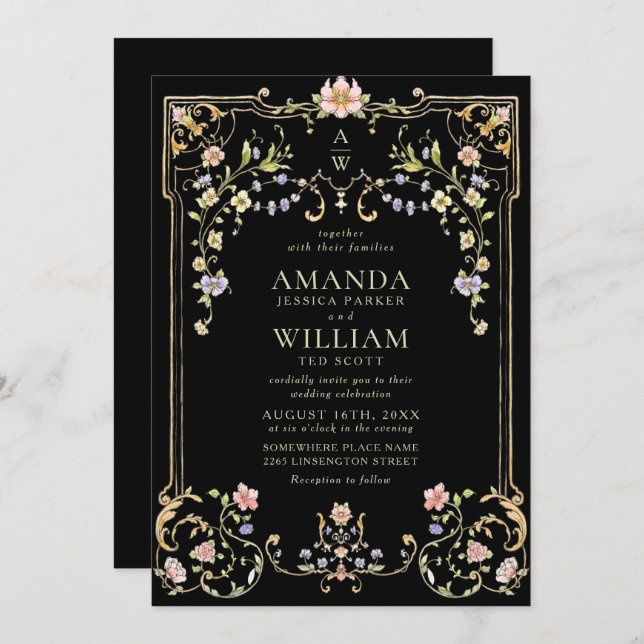 Victorian Ornate Grace Floral Frame Wedding Invitation (Front/Back)