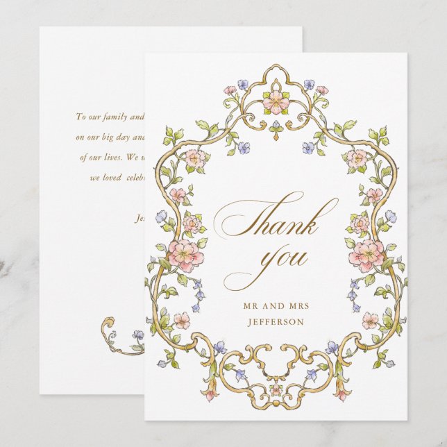 Victorian Ornate Grace Floral Frame Wedding Thank You Card (Front/Back)