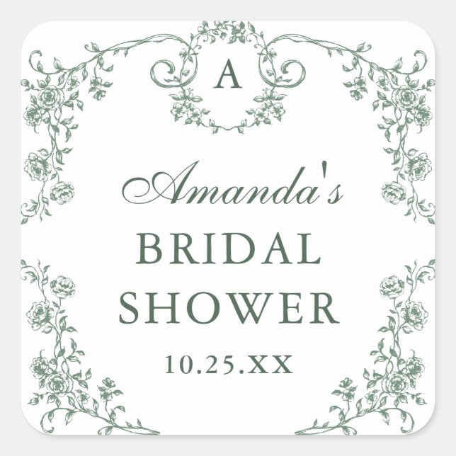 Victorian Ornate Grace Floral Green Bridal Shower Square Sticker (Front)
