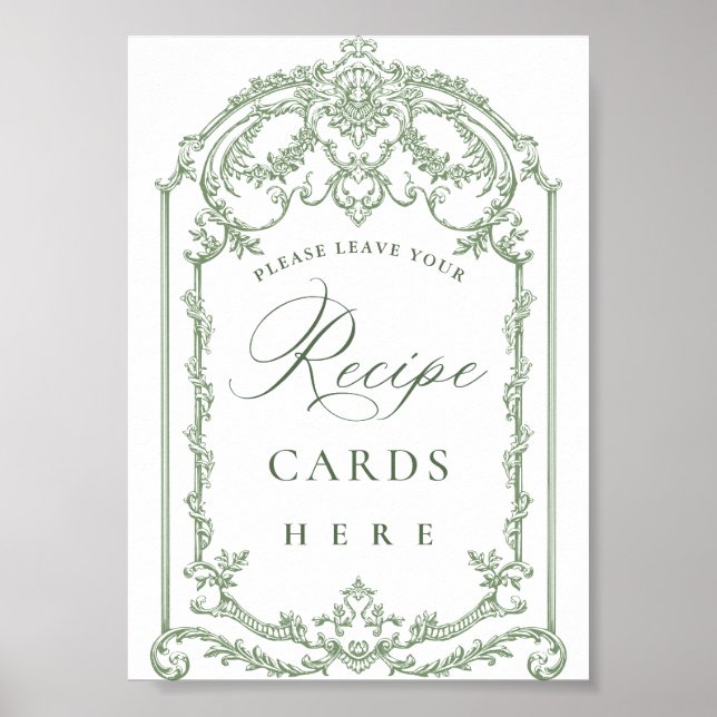 Victorian Ornate Grace Floral Green Recipe Cards Poster (Front)