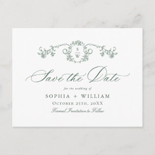 Victorian Ornate Grace Floral Green Save the Date Postcard