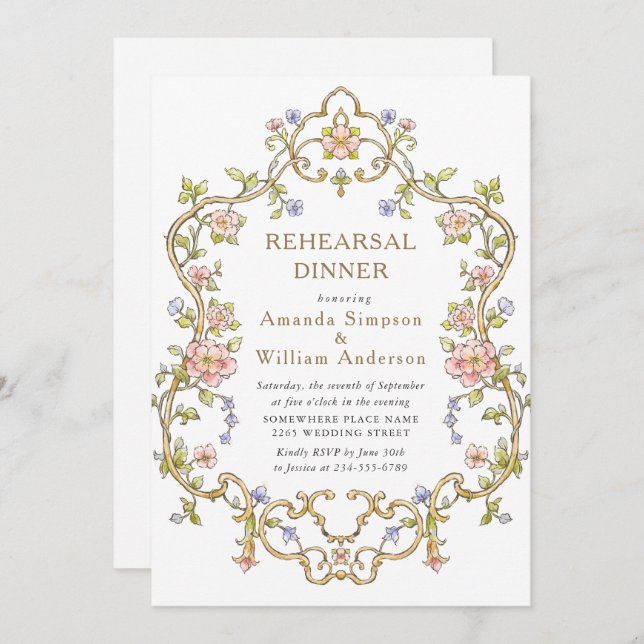 Victorian Ornate Grace Floral Rehearsal Dinner Invitation (Front/Back)