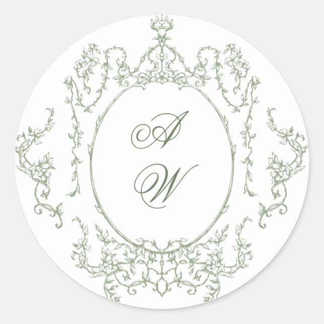 Victorian Ornate Grace Floral Sage Green Wedding Classic Round Sticker (Front)