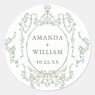 Victorian Ornate Grace Floral Sage Green Wedding Classic Round Sticker