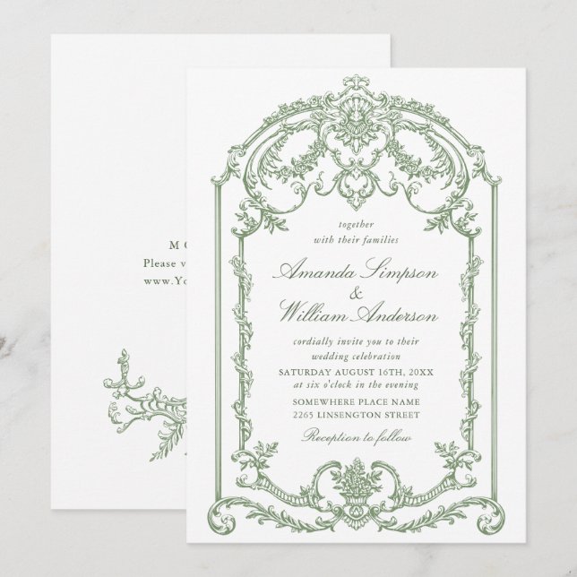 Victorian Ornate Grace Floral Sage Green Wedding Invitation (Front/Back)