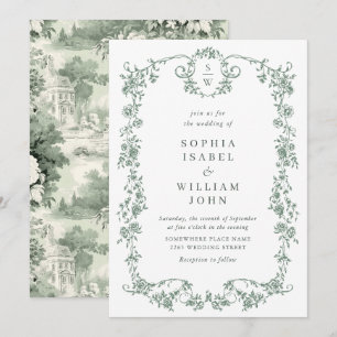 Victorian Ornate Grace Floral Sage Green Wedding Invitation