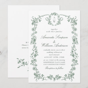 Victorian Ornate Grace Floral Sage Green Wedding Invitation