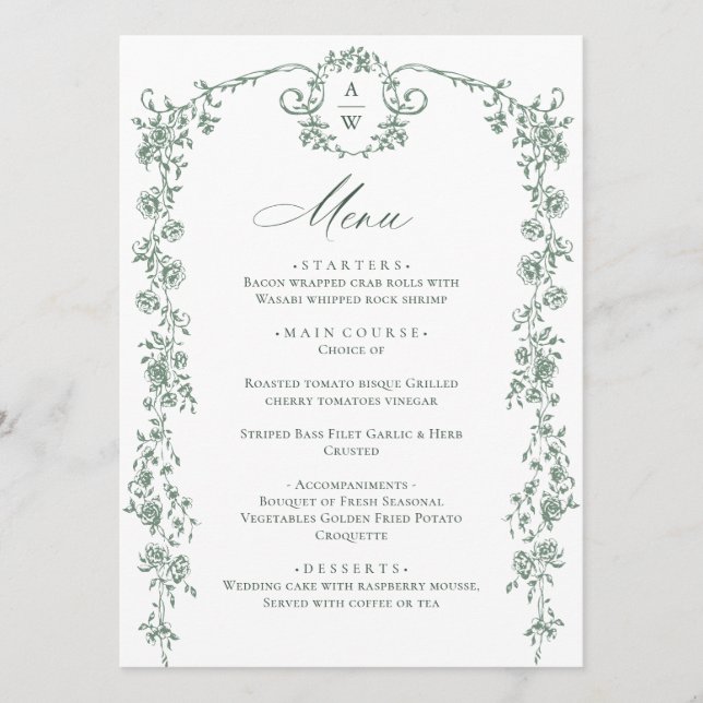 Victorian Ornate Grace Floral Sage Green Wedding Menu (Front)