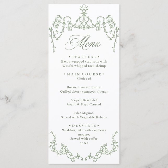 Victorian Ornate Grace Floral Sage Green Wedding Menu (Front)