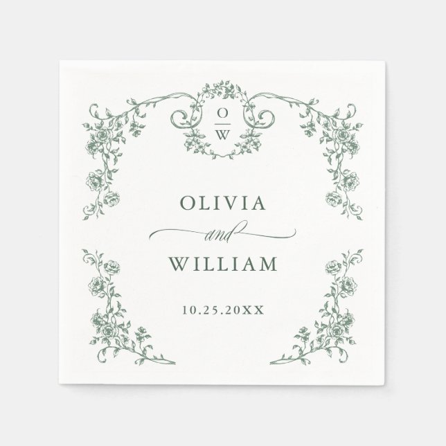 Victorian Ornate Grace Floral Sage Green Wedding Napkin (Front)