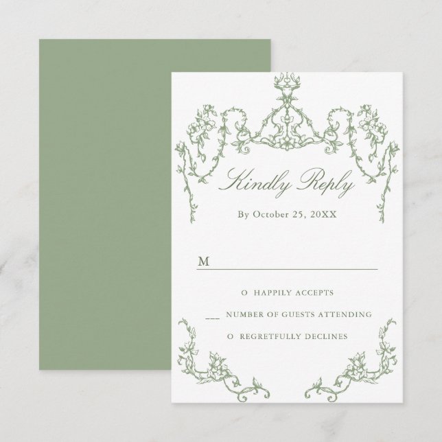 Victorian Ornate Grace Floral Sage Green Wedding RSVP Card (Front/Back)