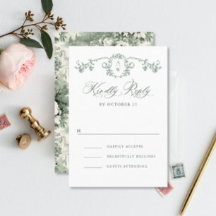 Victorian Ornate Grace Floral Sage Green Wedding RSVP Card