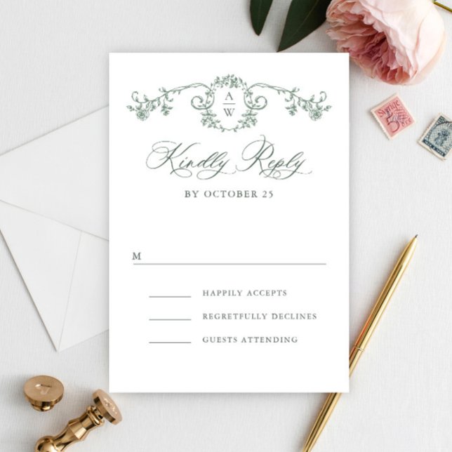 Victorian Ornate Grace Floral Sage Green Wedding RSVP Card (Creator Uploaded)