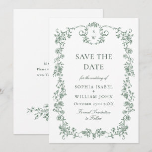 Victorian Ornate Grace Floral Sage Green Wedding Save The Date