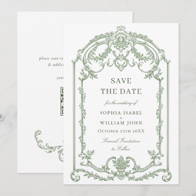 Victorian Ornate Grace Floral Sage Green Wedding Save The Date (Front/Back)