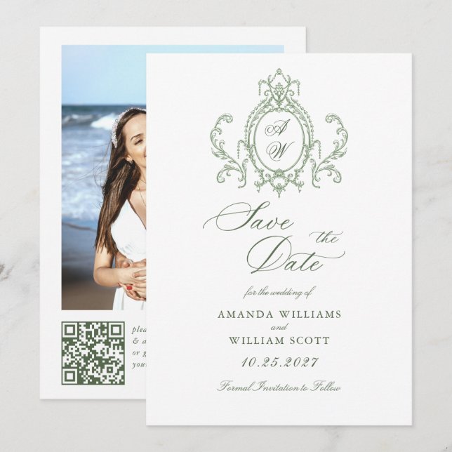 Victorian Ornate Grace Floral Sage Green Wedding Save The Date (Front/Back)
