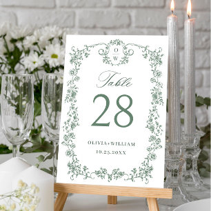 Victorian Ornate Grace Floral Sage Green Wedding Table Number