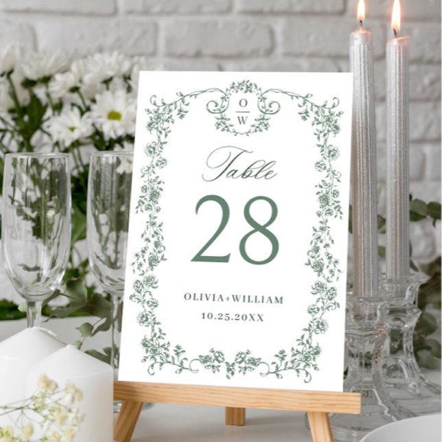 Victorian Ornate Grace Floral Sage Green Wedding Table Number (Creator Uploaded)