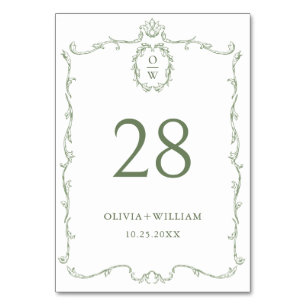 Victorian Ornate Grace Floral Sage Green Wedding Table Number