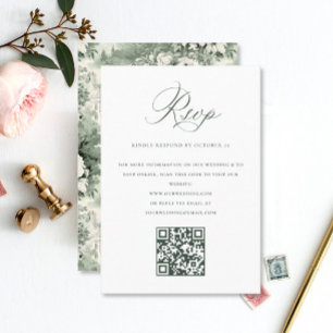 Victorian Ornate Grace Floral Sage QR code Wedding RSVP Card