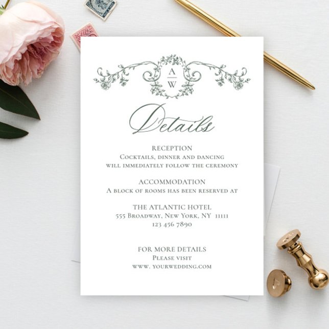 Victorian Ornate Grace Floral Sage Wedding Details Enclosure Card (Creator Uploaded)