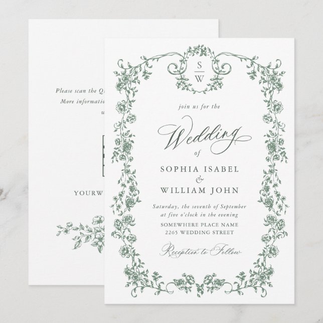 Victorian Ornate Grace Floral Wedding QR code Invitation (Front/Back)
