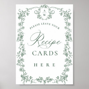 Victorian Ornate Grace Green Flower Recipe Cards Poster