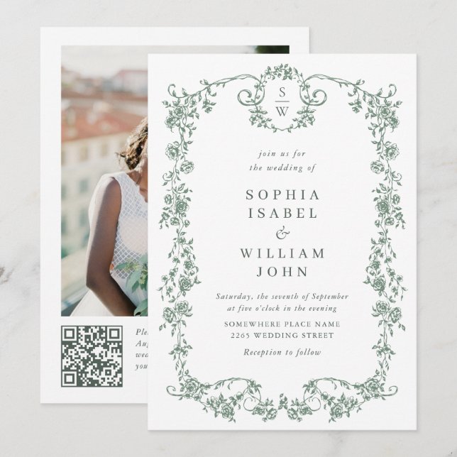 Victorian Ornate Grace Green Photo QR code Wedding Invitation (Front/Back)