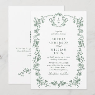 Victorian Ornate Grace Green QR code Wedding Invitation