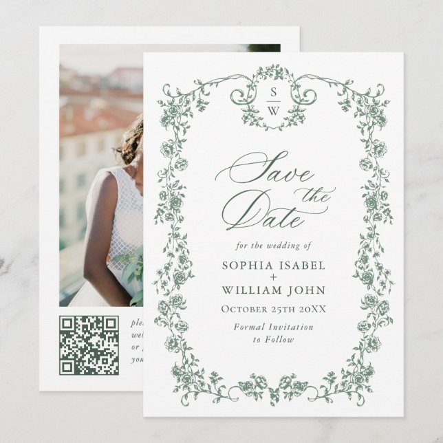 Victorian Ornate Grace QR code Wedding Photo Save The Date (Front/Back)