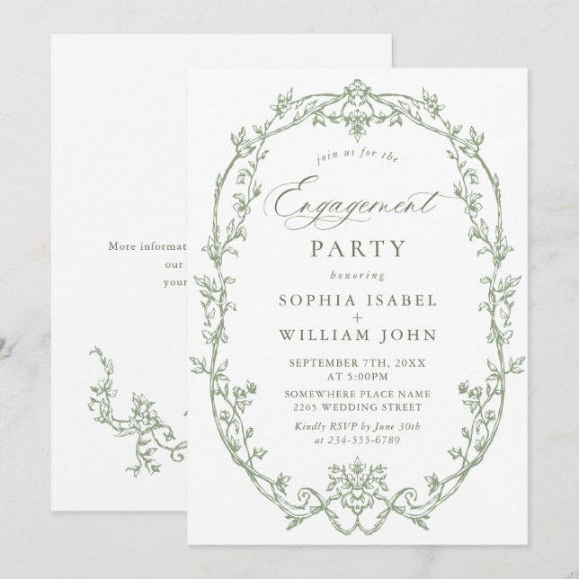 Victorian Ornate Grace Sage Green ENGAGEMENT PARTY Invitation (Front/Back)