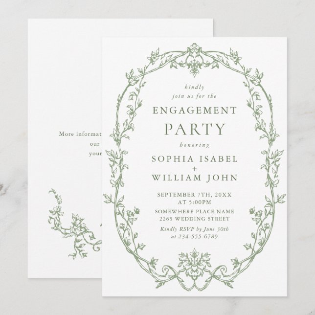 Victorian Ornate Grace Sage Green ENGAGEMENT PARTY Invitation (Front/Back)