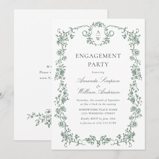 Victorian Ornate Grace Sage Green ENGAGEMENT PARTY Invitation (Front/Back)