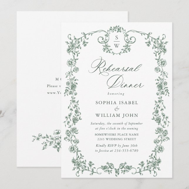 Victorian Ornate Grace Sage Green Rehearsal Dinner Invitation (Front/Back)