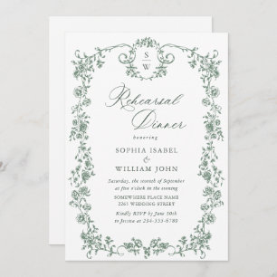 Victorian Ornate Grace Sage Green Rehearsal Dinner Invitation