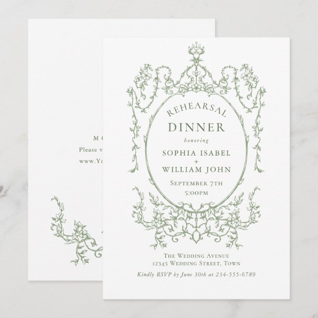 Victorian Ornate Grace Sage Green Rehearsal Dinner Invitation (Front/Back)