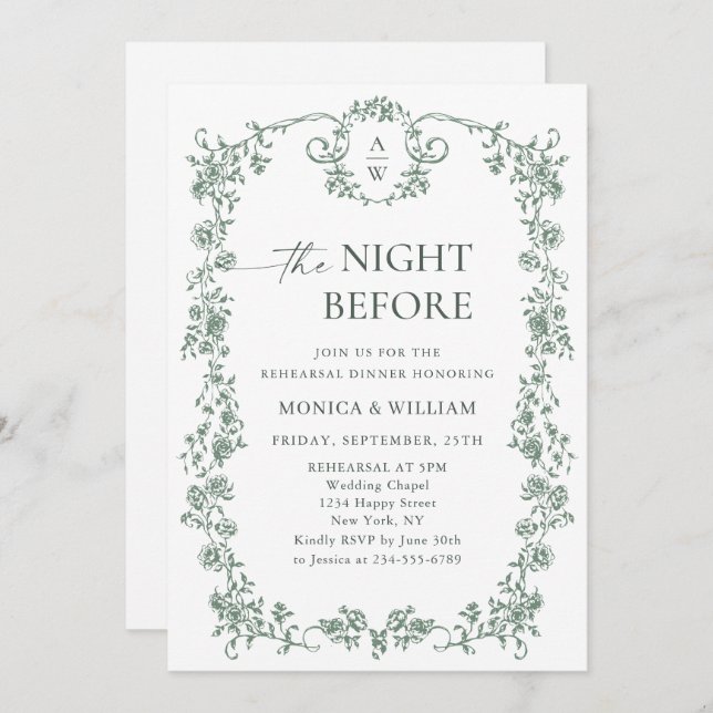 Victorian Ornate Grace Sage Green Rehearsal Dinner Invitation (Front/Back)