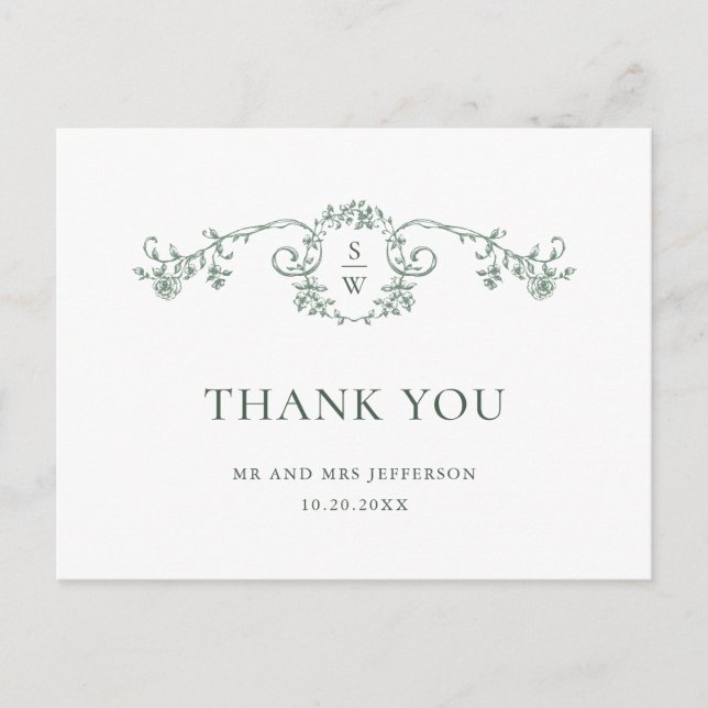 Victorian Ornate Grace Sage Green Thank You Postcard (Front)