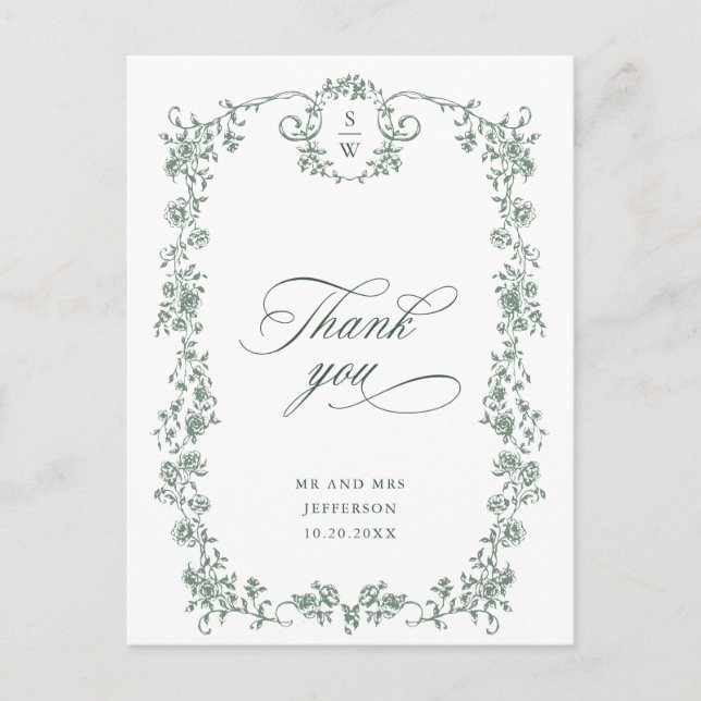 Victorian Ornate Grace Sage Green Thank You Postcard (Front)