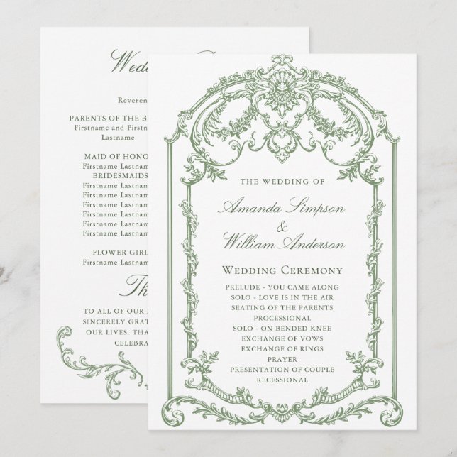 Victorian Ornate Grace Sage Green Wedding Ceremony Program (Front/Back)