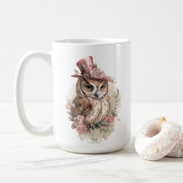 Victorian Owl Aristocrat Portrait Pink Hat Flowers Coffee Mug (With Donut)